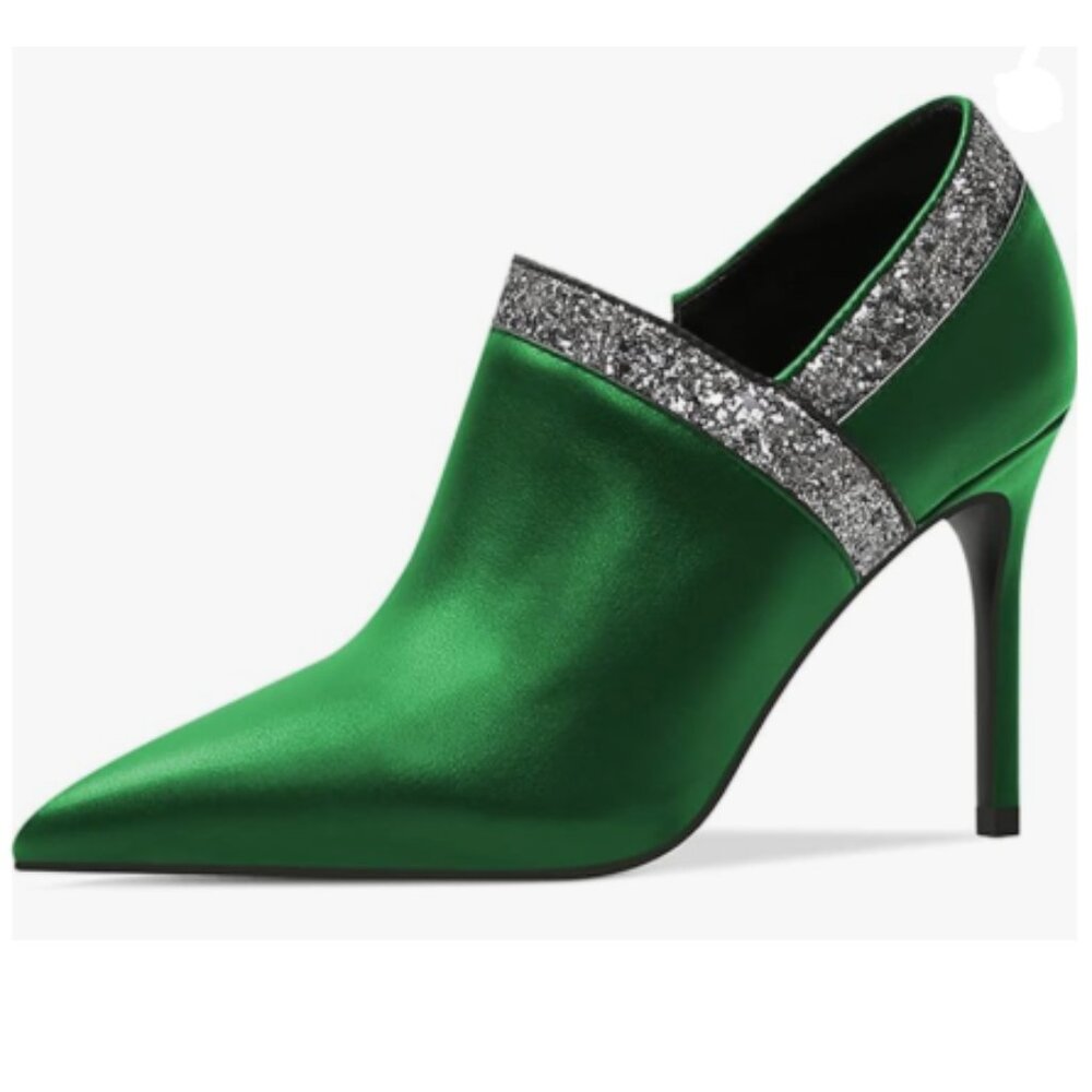 YDN Green Rhinestone Glitter Stiletto Heel Pointed Toe Side Zipper Short Booties